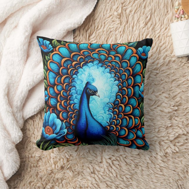 Peacock Among Blue Flowers Throw Pillow (Blanket)