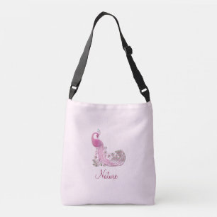 Peacock and Calligraphy on Light Rose Gold Crossbody Bag