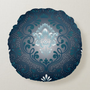 Peacock and Cyan Damask Round Pillow