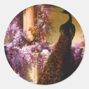 Peacock and Doves in a Garden Classic Round Sticker