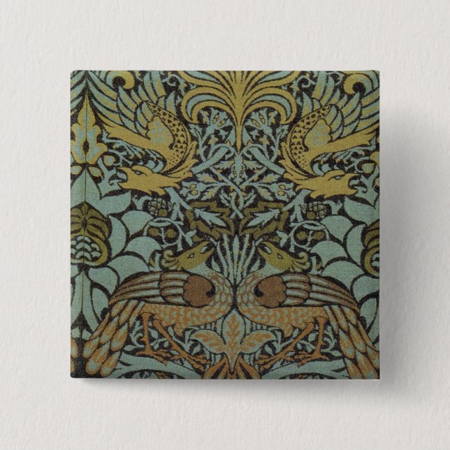 Peacock and Dragon (by William Morris) 2 Inch Square Button (Front)