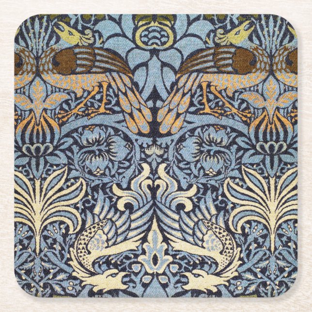 Peacock and Dragon, William Morris Square Paper Coaster (Front)