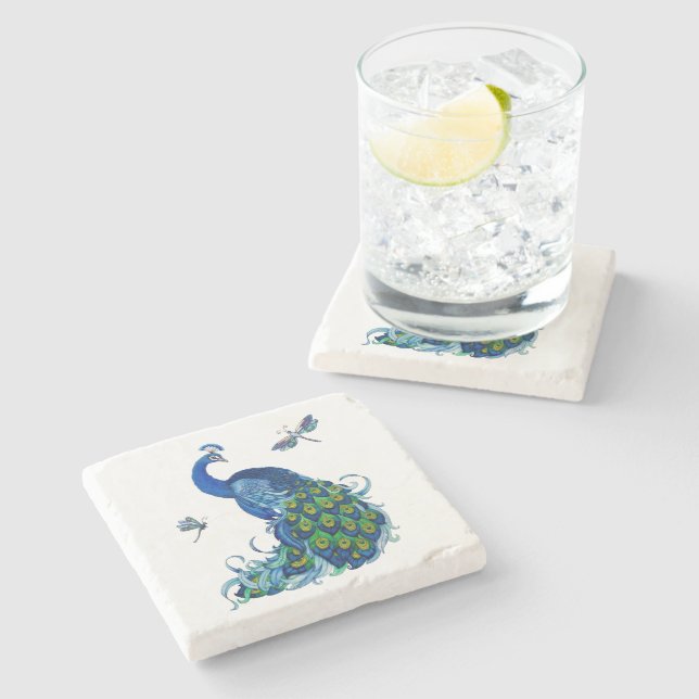 Peacock and Dragonfly Design Set Stone Coaster (Side)