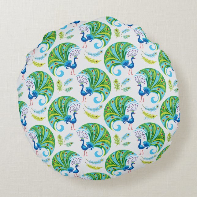 Peacock and Feathers Pattern Round Pillow (Back)