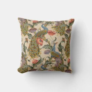 Peacock and Flower Throw Pillow