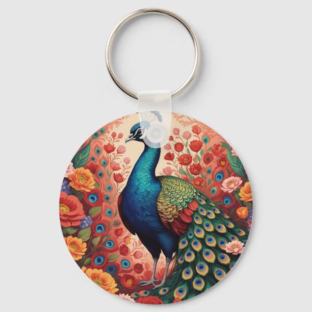 Peacock and flowers keychain (Front)