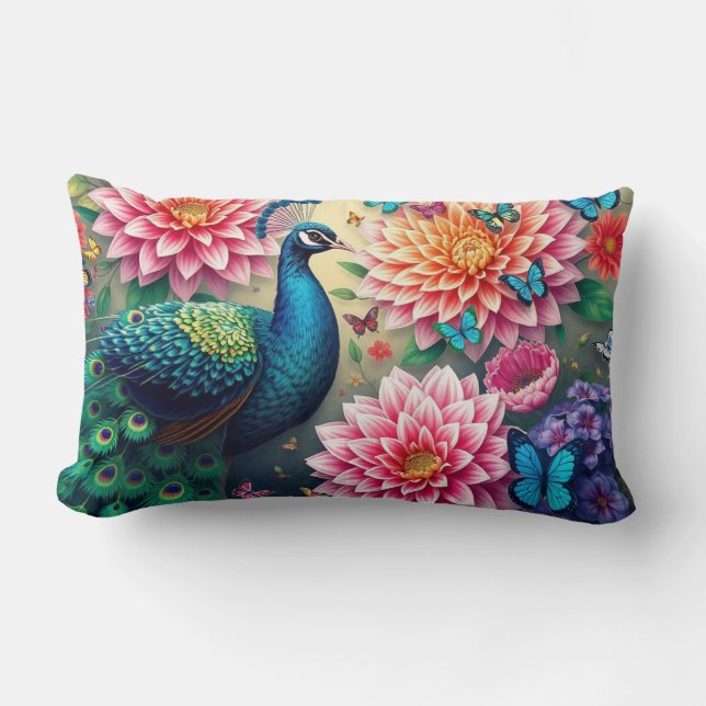 Peacock And Flowers  Lumbar Pillow (Front)