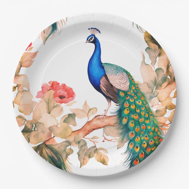Peacock and Flowers Paper Party Plates (Front)
