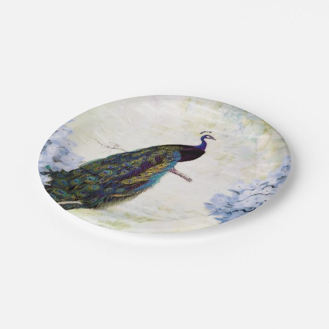 Peacock and hydrangea paper plate (Angled)