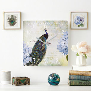 Peacock and hydrangea square wall clock