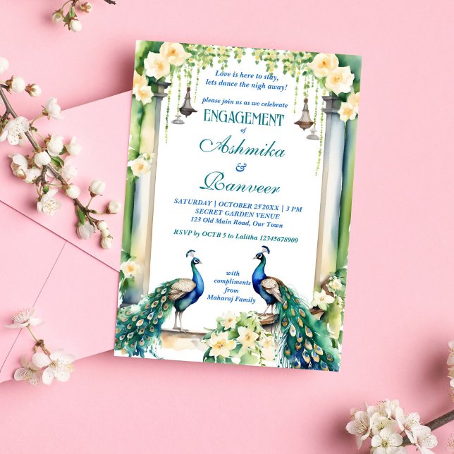 Peacock and jasmine Indian engagement template (Peacock and jasmine Indian wedding engagement template editable invitation instant digital download)