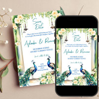 Peacock and jasmine Indian wedding save the date