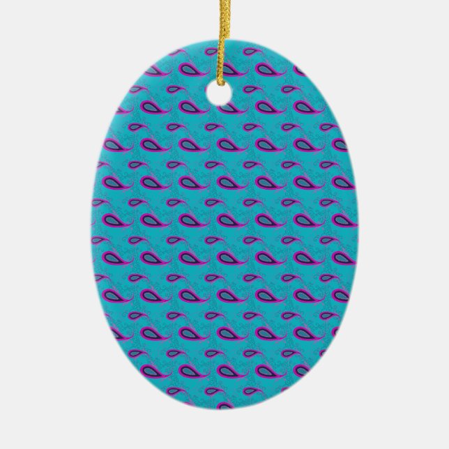 Peacock and Magenta Paisley Pattern Ceramic Ornament (Front)