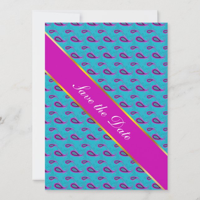 Peacock and Magenta Paisley Pattern Save The Date (Front)