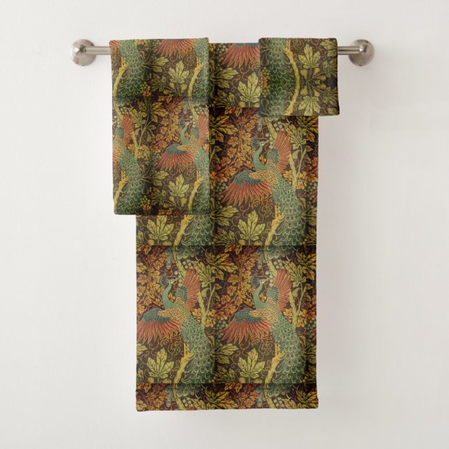 Peacock and oakleaf floral Victorian jacquard Bath Towel Set (Insitu)