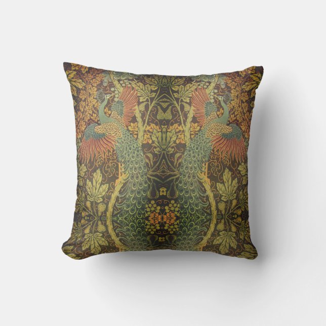 Peacock and oakleaf floral Victorian jacquard  Outdoor Pillow (Front)