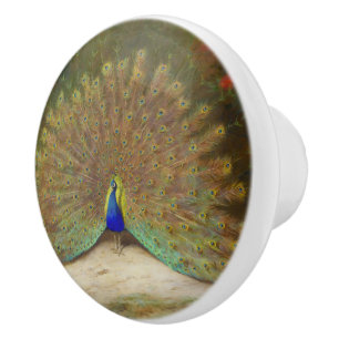 Peacock and Peacock Butterfly, Art Illustration Ceramic Knob
