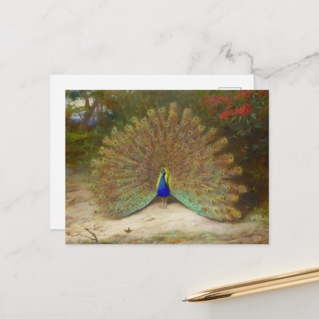 Peacock and Peacock Butterfly, Art Illustration Postcard (Front/Back In Situ)