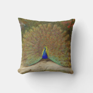 Peacock and Peacock Butterfly, Art Illustration Throw Pillow