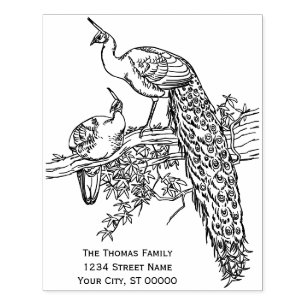 Peacock and Peahen on a Branch Name Return Address Rubber Stamp