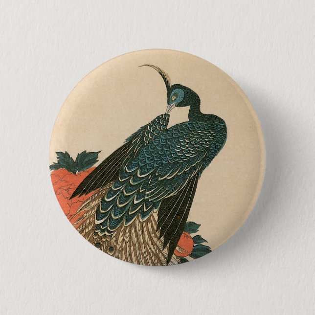 Peacock and Peonies by Hiroshige, Japanese Art 2 Inch Round Button (Front)
