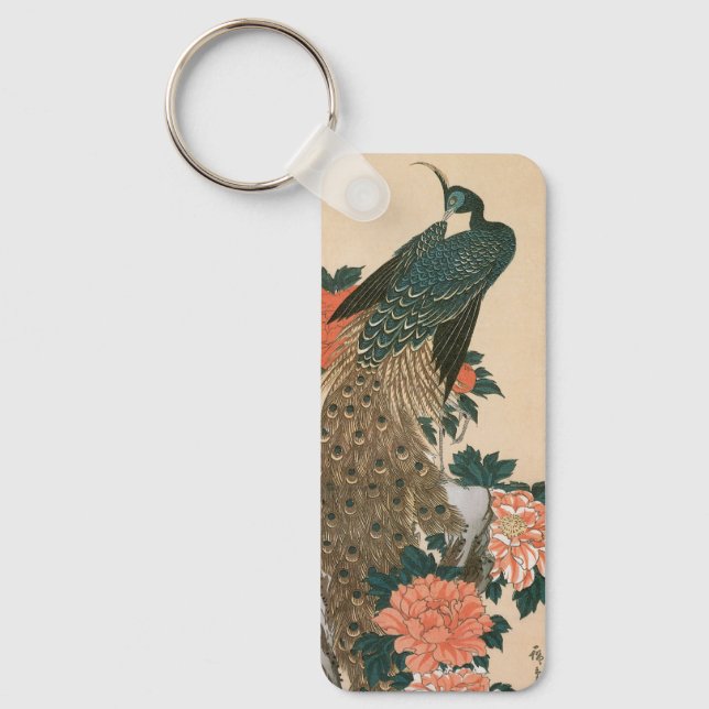 Peacock and Peonies by Hiroshige, Japanese Art Keychain (Front)