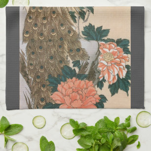 Peacock and Peonies by Hiroshige, Japanese Art Kitchen Towel