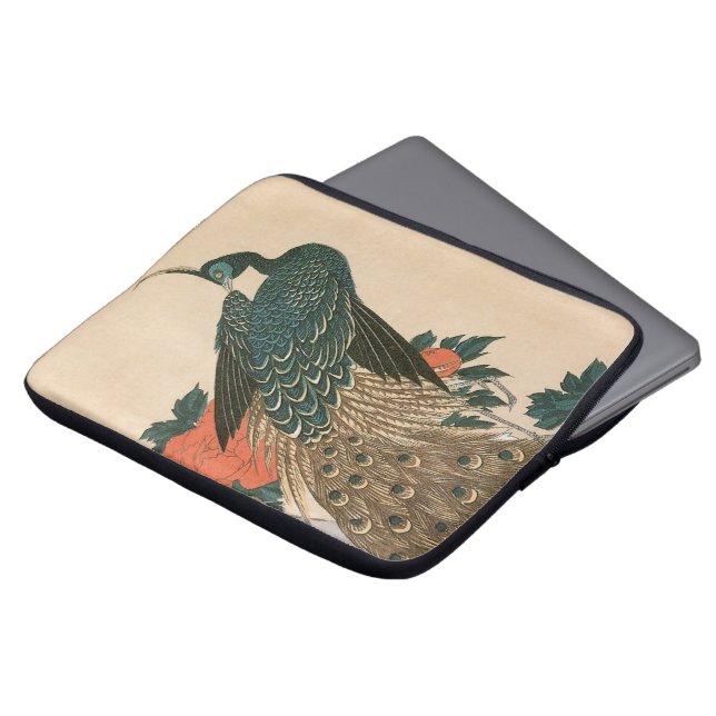 Peacock and Peonies by Hiroshige, Japanese Art Laptop Sleeve (Front Top)