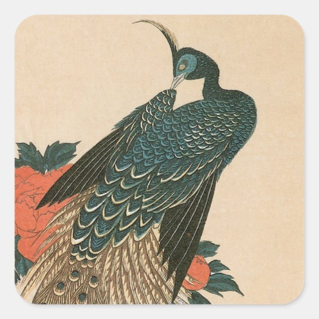Peacock and Peonies by Hiroshige, Japanese Art Square Sticker (Front)