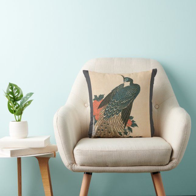 Peacock and Peonies by Hiroshige, Japanese Art Throw Pillow (Chair)