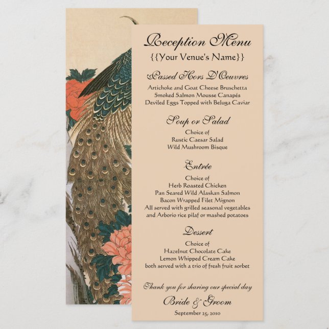 Peacock and Peonies by Hiroshige Wedding Menu (Front/Back)