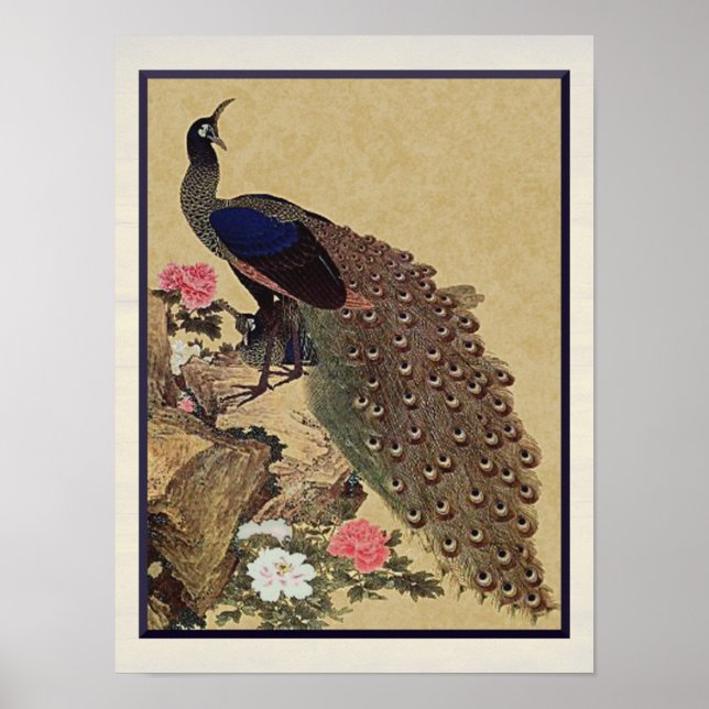 Peacock and Peonies Vintage Japanese Fine Art Poster (Front)