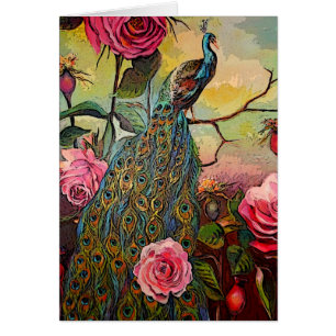 Peacock and Roses Greeting Card