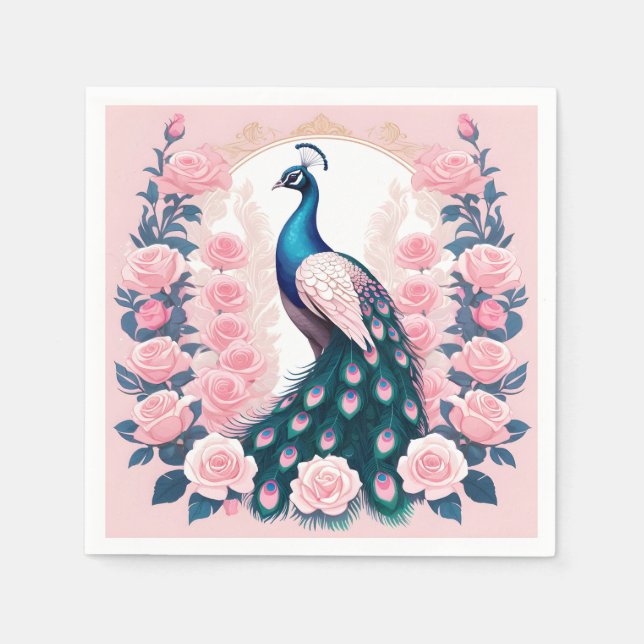 Peacock and Roses Napkin (Front)