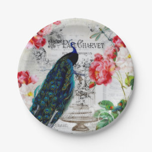 peacock and roses paper plate
