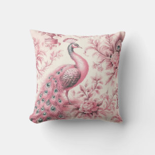 Peacock and roses pink throw pillow