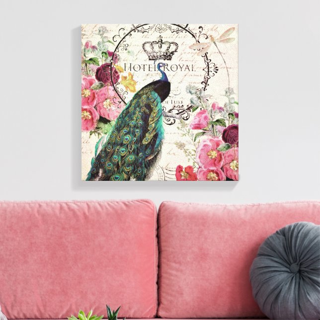 Peacock and spring flowers canvas print (Insitu(LivingRoom))