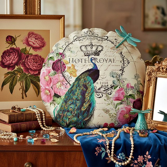 Peacock and spring flowers round pillow (Creator Uploaded)