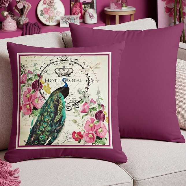 Peacock and spring flowers throw pillow (Creator Uploaded)