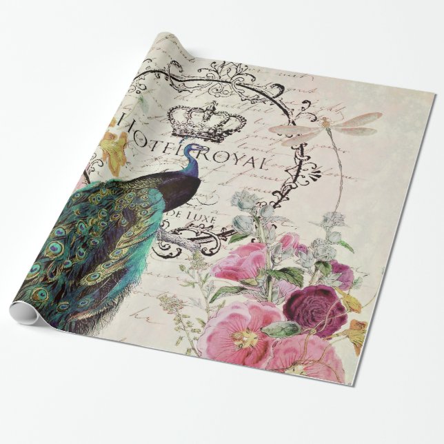 Peacock and spring flowers wrapping paper (Unrolled)
