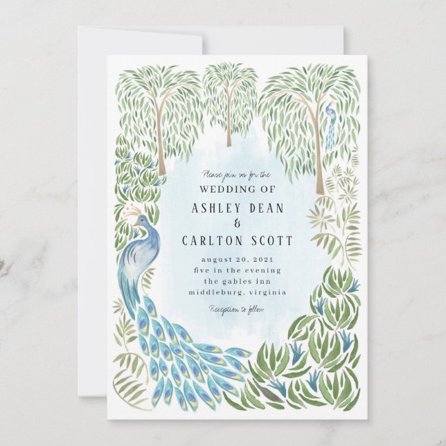 Peacock and Weeping Willow Wedding Invite (Front)