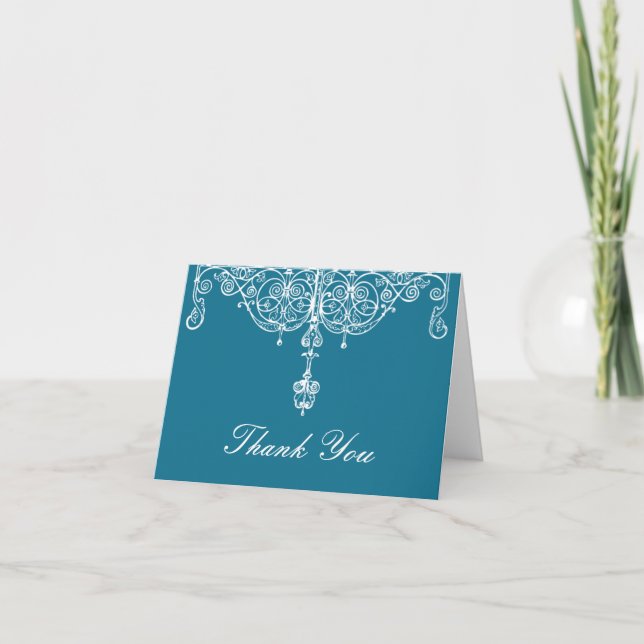 Peacock and White Scrollwork Thank You Note Card (Front)