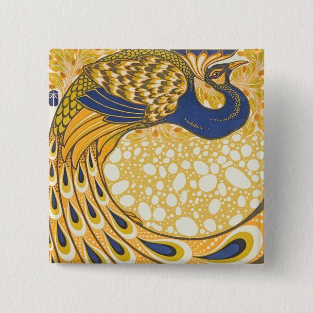 Peacock Antique Vintage Colourful 2 Inch Square Button (Front)