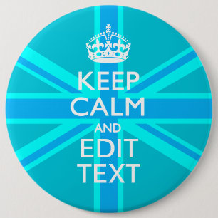 Peacock Aqua Keep Calm And Your Text Union Jack 6 Inch Round Button