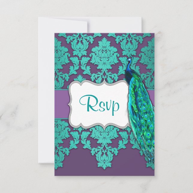 Peacock Aqua & Purple Damask Wedding RSVP Cards (Front)