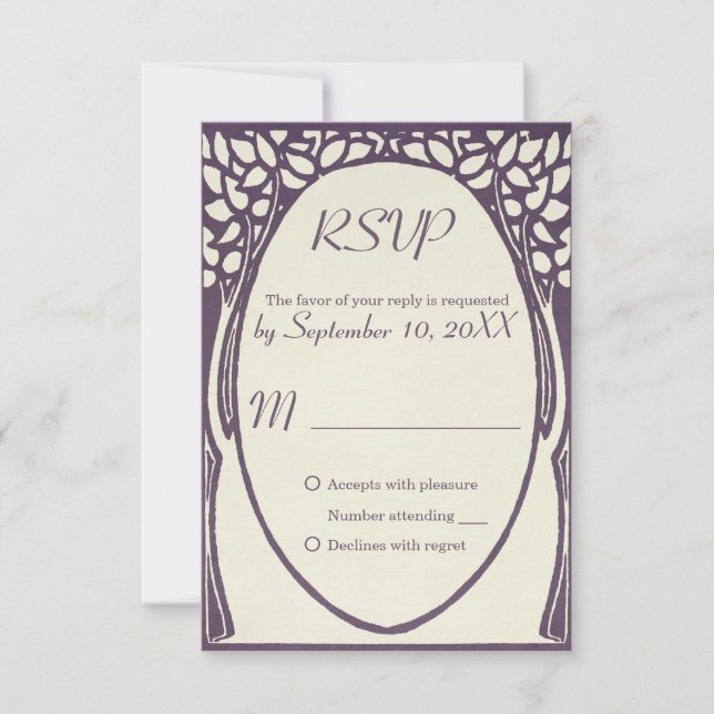 Peacock art deco violet and ivory WEDDING rsvp (Front)