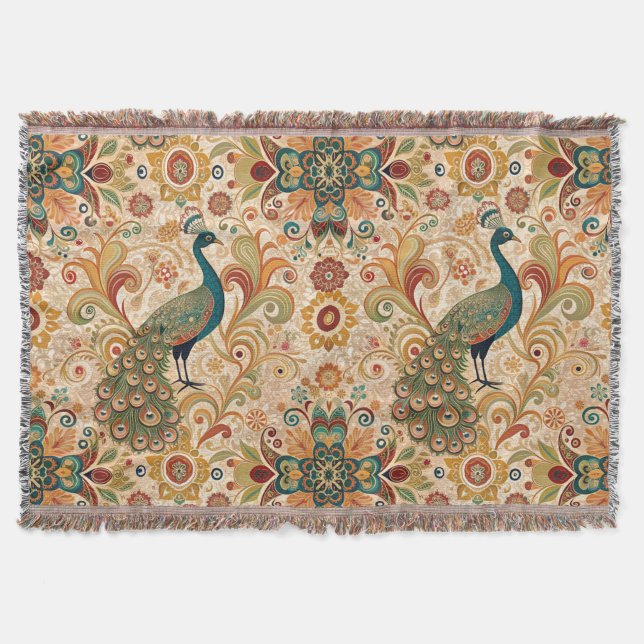 Peacock Art Morris Style Throw Blanket (Front)