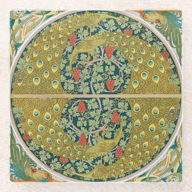 Peacock Art Nouveau Style round intricate design Glass Coaster (Front)