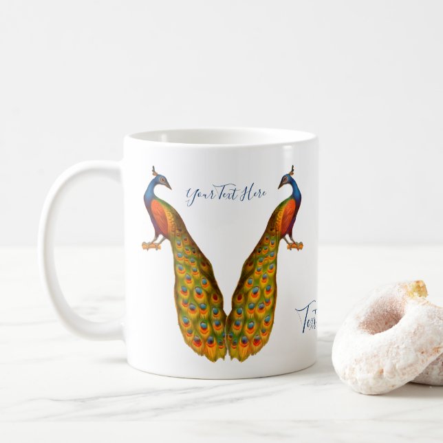 Peacock Art Personalized Coffee Mug (With Donut)