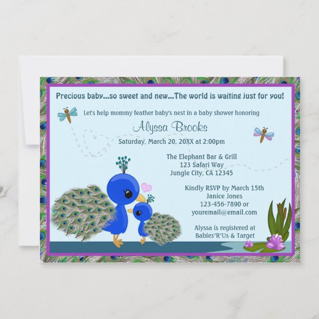 PEACOCK Baby shower invitation fille garçon maman  (Devant)